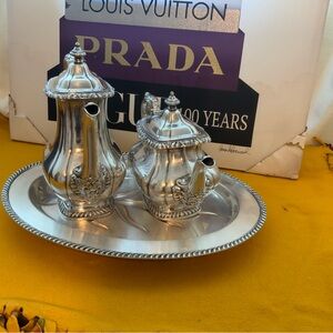 Silver plated GORHAM tea and coffee pot with silver plated ROGERS serving tray